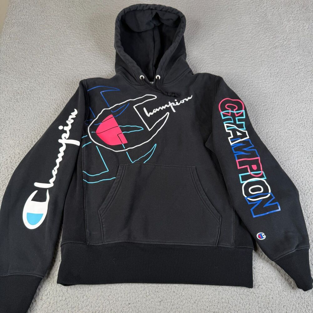 CHAMPION Reverse Weave Hoodie Mens M Black Script Spellout Sweatshirt Sweater